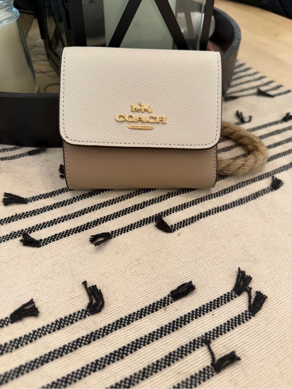 COACH Two-Tone Mini Wallet in Cream & Taupe with Gold Logo